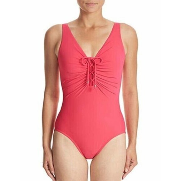 NWT INC Mesh Tie Front Ruched One Piece Scoop Back Swimsuit Salmon Red Size 8 - Picture 1 of 1
